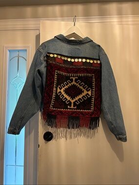 Womens oversized Denim Jacket with Red and black wool woven Back Panel
